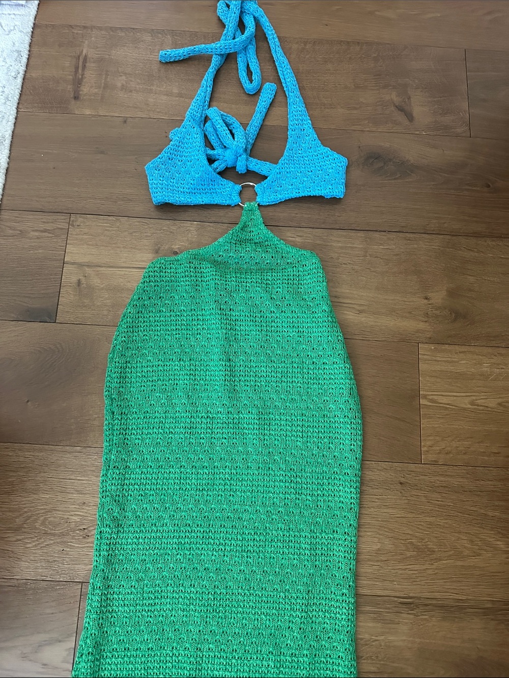 SHEIN Turquoise & Green Crochet Bandeau Halter Dress